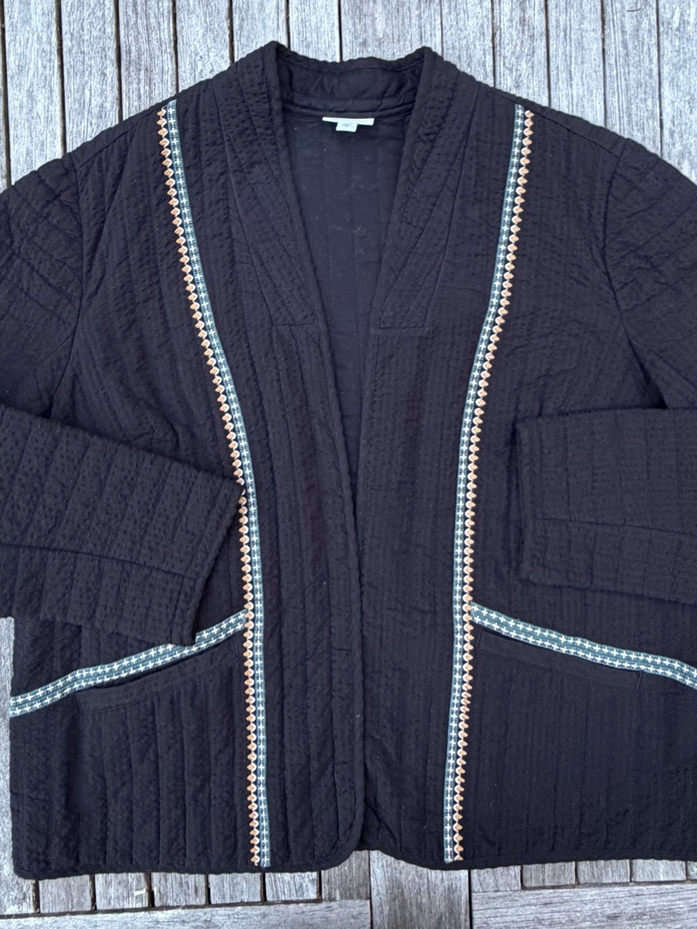 J.Jill Pure Jill Seersucker Quilted Open Front Jacket Boho Embroidered Black